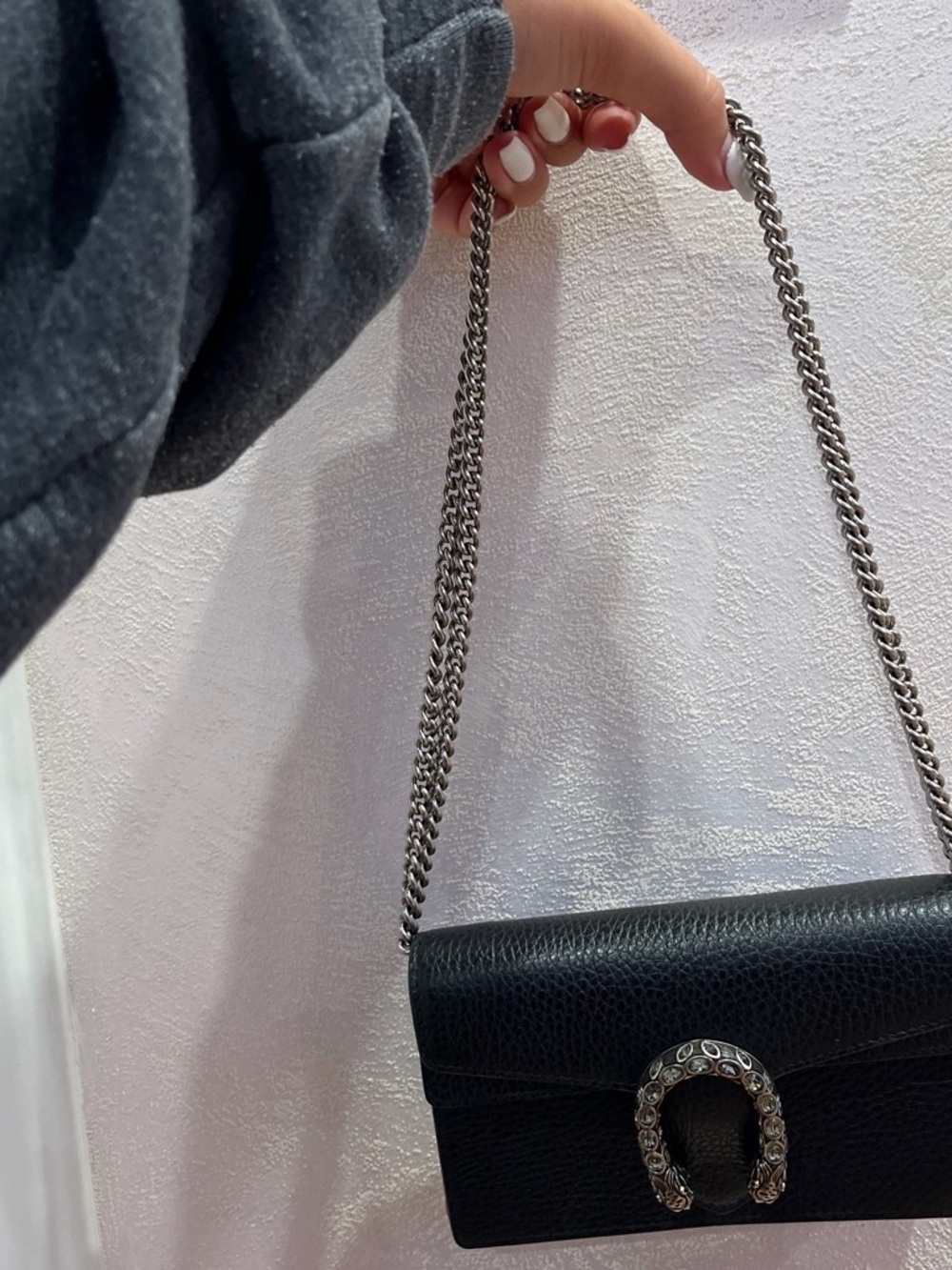 Gucci Black Leather Shoulder Bag with Silver Chain